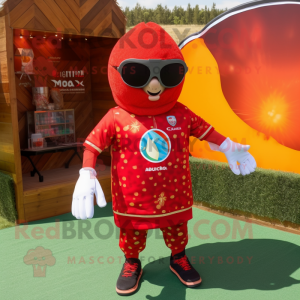 Red Shakshuka mascot costume character dressed with a Rash Guard and Sunglasses
