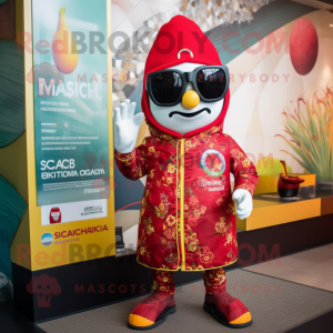 Red Shakshuka mascot costume character dressed with a Rash Guard and Sunglasses