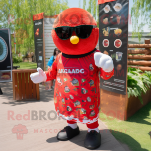 Red Shakshuka mascot costume character dressed with a Rash Guard and Sunglasses