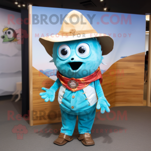 Sky Blue Fish Tacos mascot costume character dressed with a Henley Shirt and Suspenders