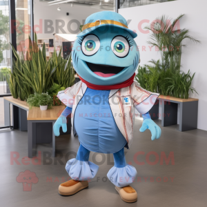 Sky Blue Fish Tacos mascot costume character dressed with a Henley Shirt and Suspenders