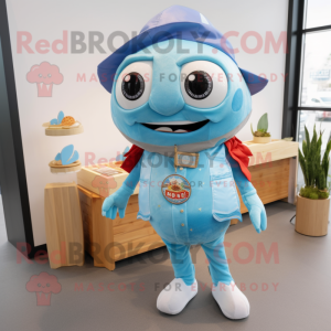 Sky Blue Fish Tacos mascot costume character dressed with a Henley Shirt and Suspenders