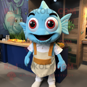 Sky Blue Fish Tacos mascot costume character dressed with a Henley Shirt and Suspenders