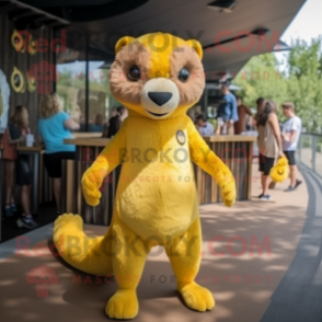 Yellow Mongoose mascot costume character dressed with a Playsuit and Hair clips