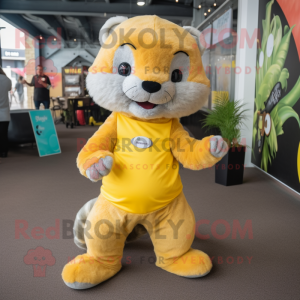 Yellow Mongoose mascot costume character dressed with a Playsuit and Hair clips