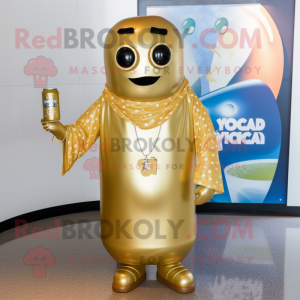 Gold Soda Can mascot costume character dressed with a V-Neck Tee and Necklaces