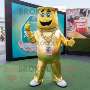Gold Soda Can mascot costume character dressed with a V-Neck Tee and Necklaces
