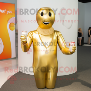Gold Soda Can mascot costume character dressed with a V-Neck Tee and Necklaces
