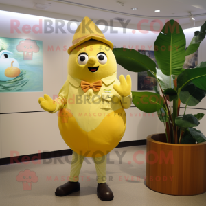 Yellow Mango mascot costume character dressed with a Poplin Shirt and Brooches