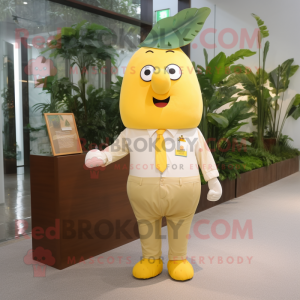 Yellow Mango mascot costume character dressed with a Poplin Shirt and Brooches