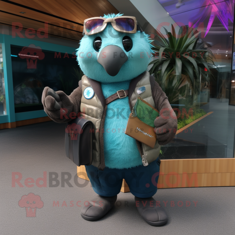 Turquoise Kiwi mascot costume character dressed with a Leather Jacket and Wallets