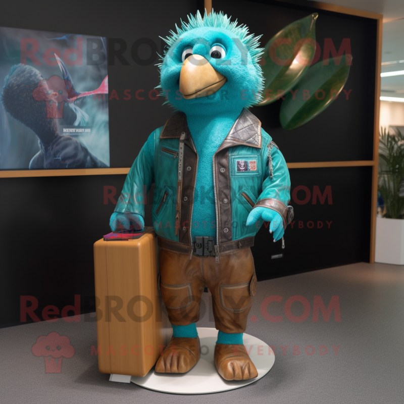 Turquoise Kiwi mascot costume character dressed with a Leather Jacket and Wallets