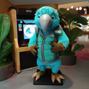 Turquoise Kiwi mascot costume character dressed with a Leather Jacket and Wallets