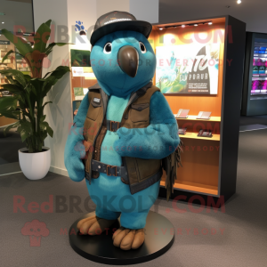 Turquoise Kiwi mascot costume character dressed with a Leather Jacket and Wallets
