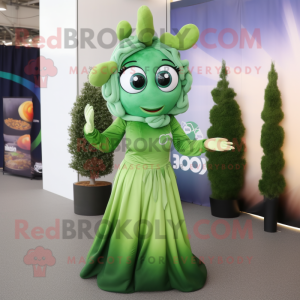 Olive Hydra mascot costume character dressed with a Midi Dress and Earrings