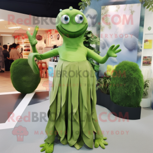 Olive Hydra mascot costume character dressed with a Midi Dress and Earrings