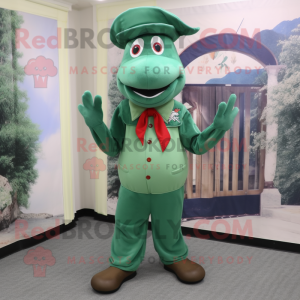 Forest Green Lobster Bisque mascot costume character dressed with a Dress Pants and Caps