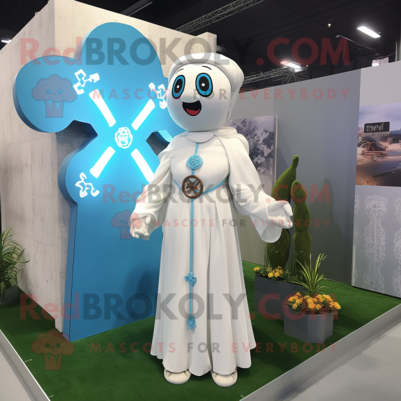 Cyan Celtic Cross mascot costume character dressed with a Wedding Dress and Wraps