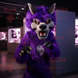 Purple Werewolf mascot costume character dressed with a Long Sleeve Tee and Bracelets