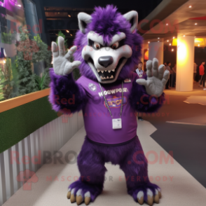 Purple Werewolf mascot costume character dressed with a Long Sleeve Tee and Bracelets