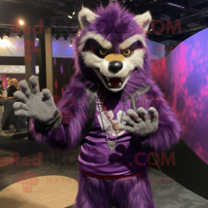 Purple Werewolf mascot costume character dressed with a Long Sleeve Tee and Bracelets