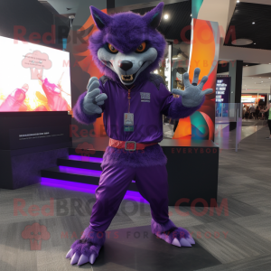 Purple Werewolf mascot costume character dressed with a Long Sleeve Tee and Bracelets