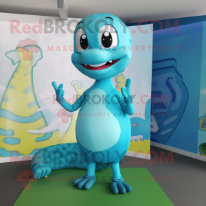 Cyan Snake mascot costume character dressed with a Playsuit and Shoe clips