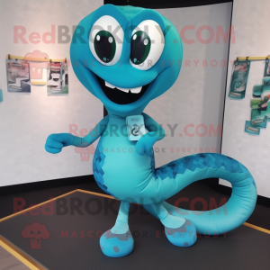 Cyan Snake mascot costume character dressed with a Playsuit and Shoe clips