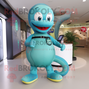 Cyan Snake mascot costume character dressed with a Playsuit and Shoe clips