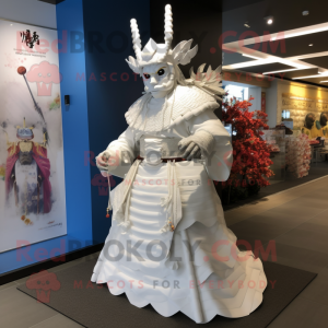 White Samurai mascot costume character dressed with a Wedding Dress and Earrings