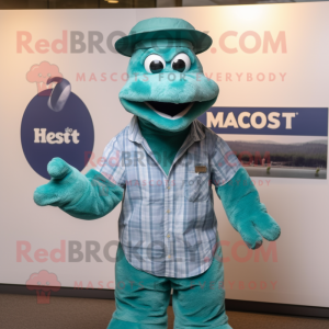 Teal Loch Ness Monster mascot costume character dressed with a Button-Up Shirt and Hats