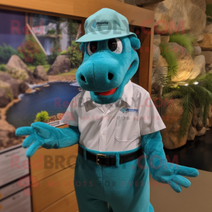 Teal Loch Ness Monster mascot costume character dressed with a Button-Up Shirt and Hats