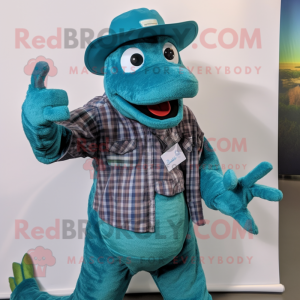 Teal Loch Ness Monster mascot costume character dressed with a Button-Up Shirt and Hats