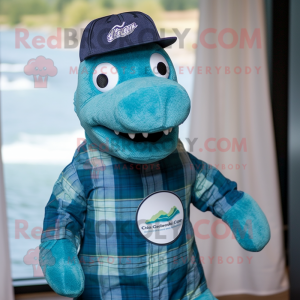 Teal Loch Ness Monster mascot costume character dressed with a Button-Up Shirt and Hats