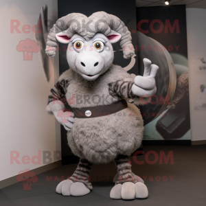 Gray Ram mascot costume character dressed with a Dress and Shoe clips