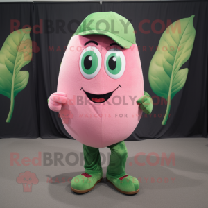 Pink Green Bean mascot costume character dressed with a Henley Shirt and Foot pads