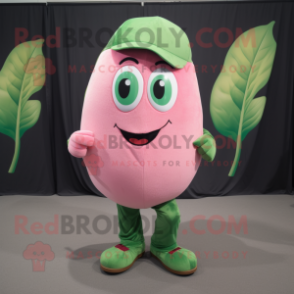 Pink Green Bean mascot costume character dressed with a Henley Shirt and Foot pads