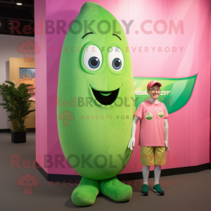 Pink Green Bean mascot costume character dressed with a Henley Shirt and Foot pads