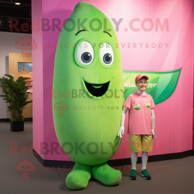 Pink Green Bean mascot costume character dressed with a Henley Shirt and Foot pads Pink Green Bean mascot costume character dressed with a Henley Shirt and Foot pads
