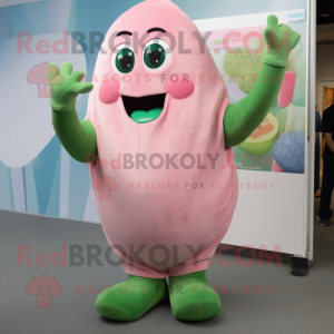 Pink Green Bean mascot costume character dressed with a Henley Shirt and Foot pads