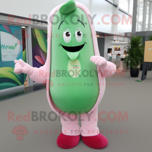 Pink Green Bean mascot costume character dressed with a Henley Shirt and Foot pads