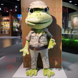 Beige Frog mascot costume character dressed with a Bootcut Jeans and Hair clips