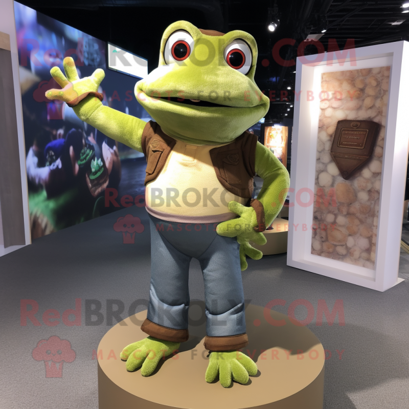 Beige Frog mascot costume character dressed with a Bootcut Jeans and Hair clips