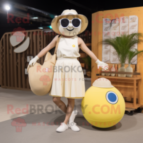 Cream Petanque Ball mascot costume character dressed with a Bikini and Messenger bags