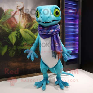 Cyan Geckos mascot costume character dressed with a Cargo Shorts and Scarf clips