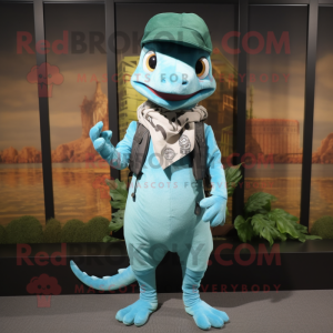 Cyan Geckos mascot costume character dressed with a Cargo Shorts and Scarf clips