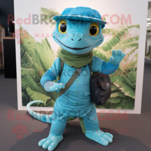 Cyan Geckos mascot costume character dressed with a Cargo Shorts and Scarf clips