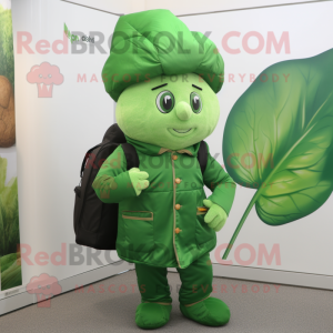 nan Spinach mascot costume character dressed with a Jacket and Backpacks