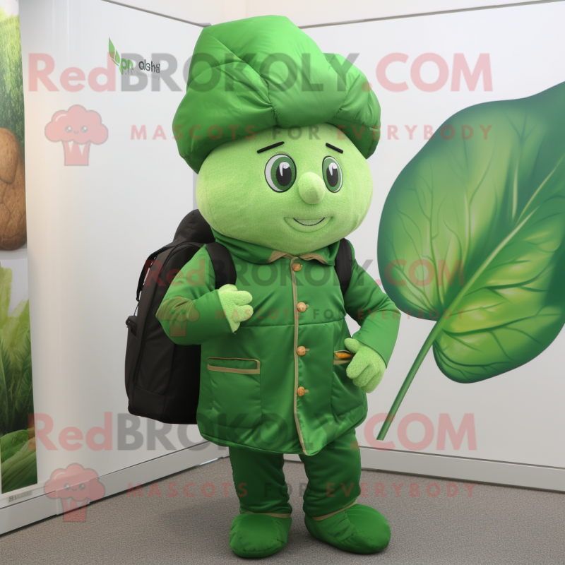 nan Spinach mascot costume character dressed with a Jacket and Backpacks nan Spinach mascot costume character dressed with a Jacket and Backpacks