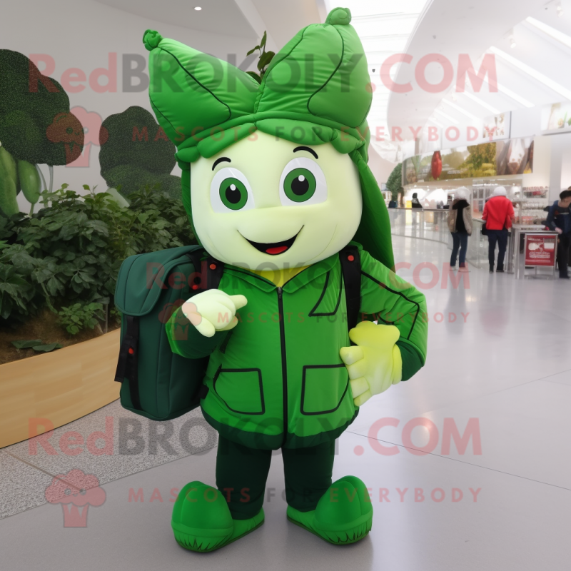 nan Spinach mascot costume character dressed with a Jacket and Backpacks